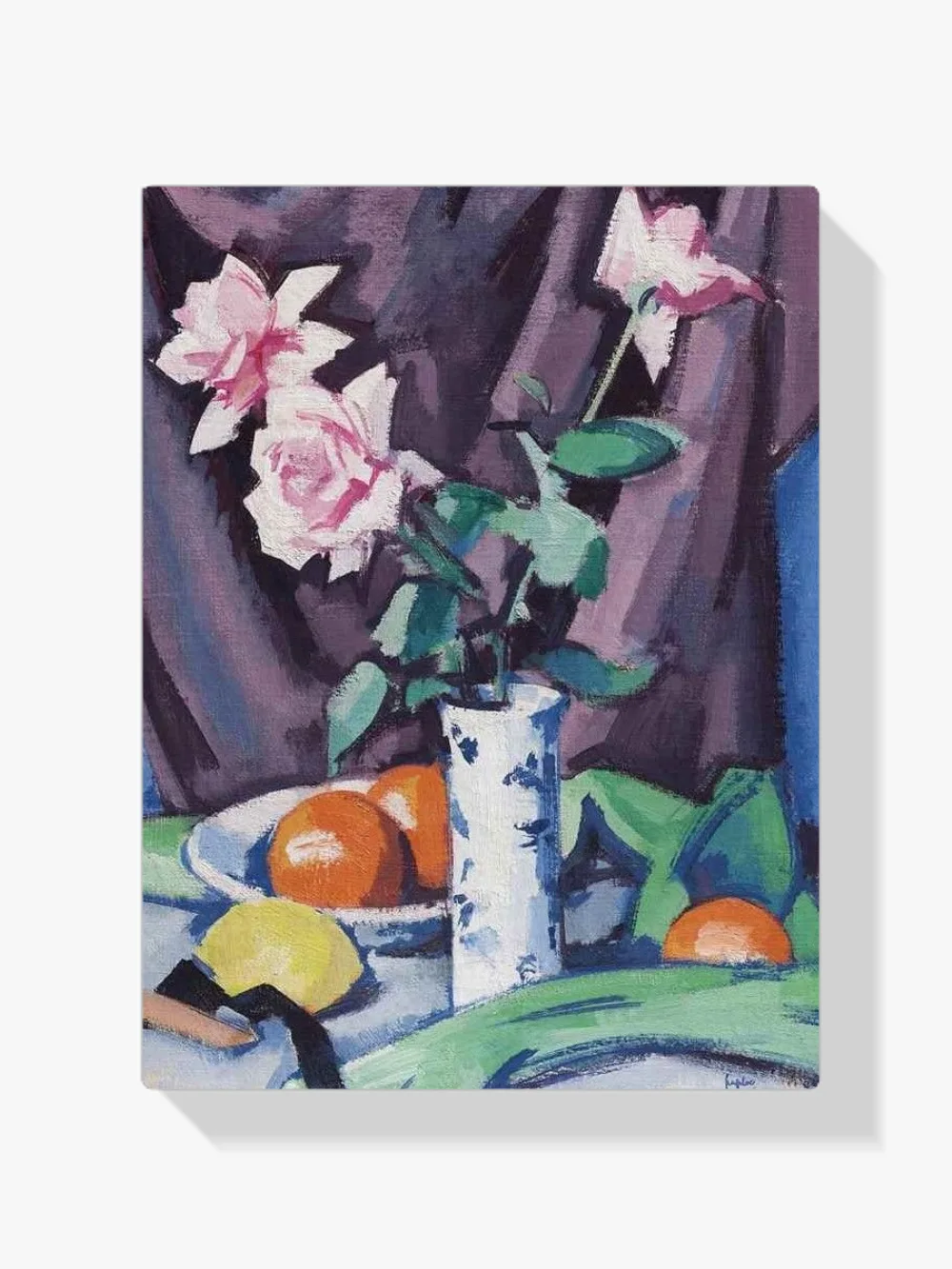 Pintar por números Tres rosas rosas en un jarrón azul con fruta
