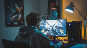 Setup de un gamer de PC con ratón, auriculares y decoración en la pared