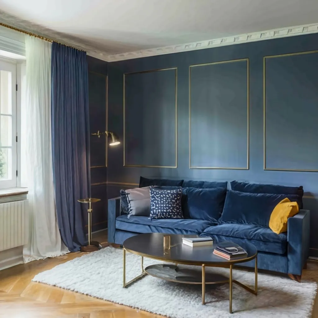 Azul combinado con dorado u ocre en el salón o el dormitorio